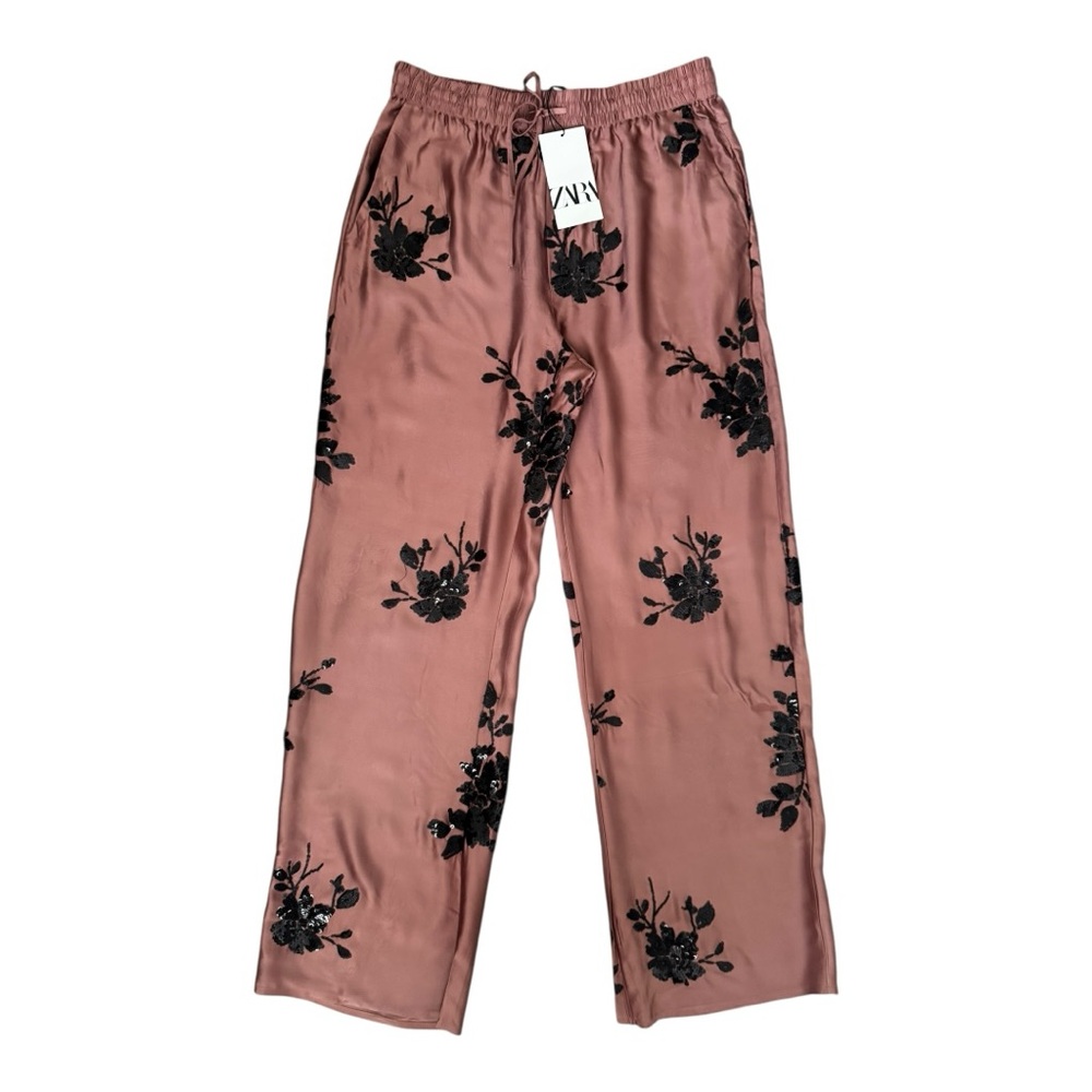 Zara Wide Leg Satin Pants in Dusty Rose with Black Floral Velvet Burnout